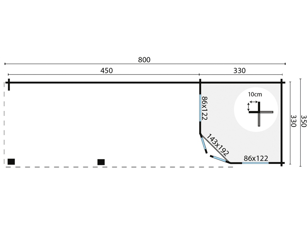 Blokhut - Tuinhuis - Home Office 44mm Paiva met overkapping Prijs exclusief dakbedekking - dient apart besteld te worden Dakleer: 56,5 m² / Shingles: 48 m² Afmeting: L800xB350xH302cm 