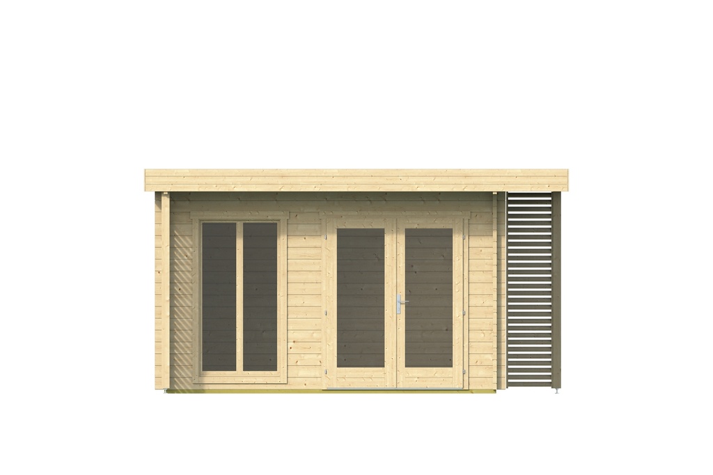 Blokhut - Tuinhuis - Home Office 44mm Hildegard Prijs exclusief dakbedekking - dient apart besteld te worden Easy-roofing: 45 m² / EPDM: Set 40.9991/25 Afmeting: L590xB400xH248cm Gehard ISO glas