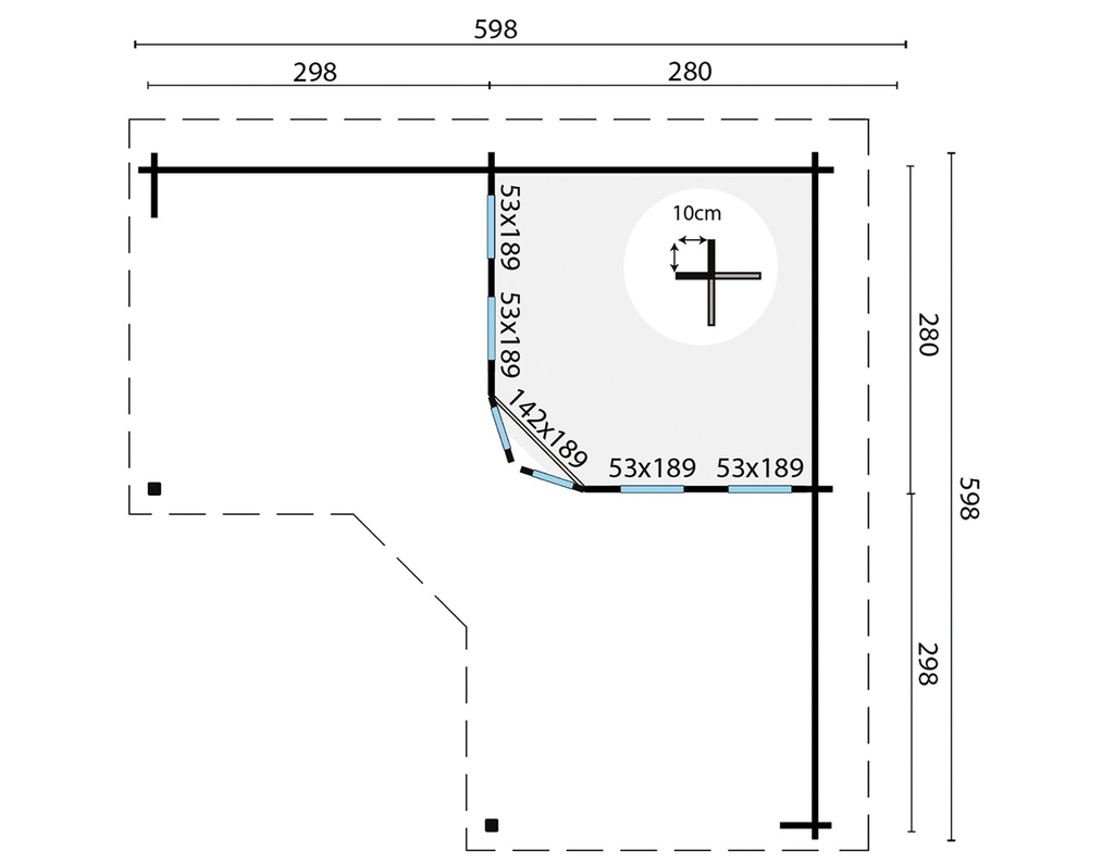 Blokhut - Tuinhuis - Home Office 44mm Funen Prijs exclusief dakbedekking - dient apart besteld te worden Easy-roofing: 50 m² / EPDM: Sets 40.9991/01 + /04+ /10 Afmeting: L600xB600xH229cm Gehard ISO glas