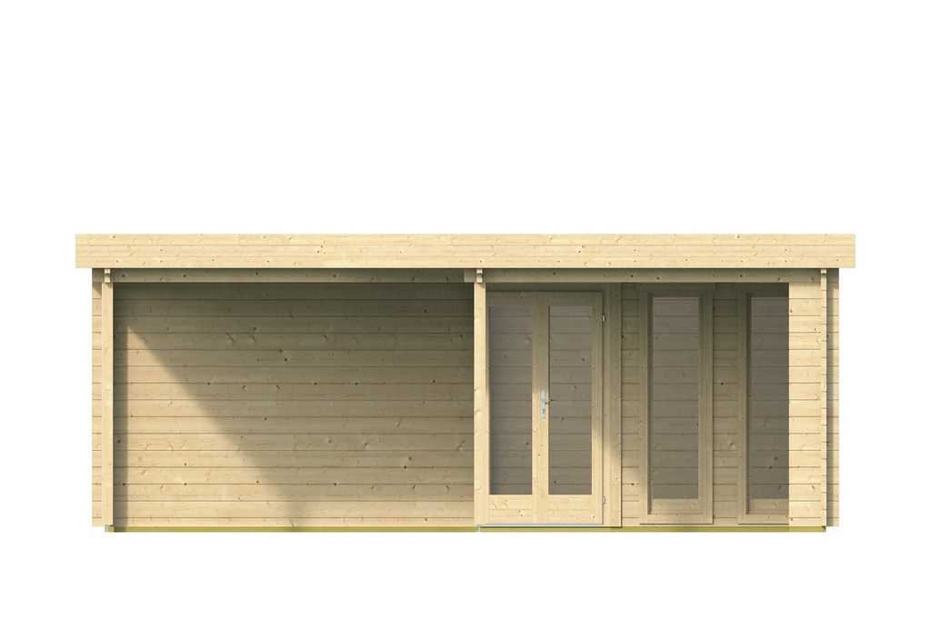 Blokhut - Tuinhuis - Home Office 44mm Funen Prijs exclusief dakbedekking - dient apart besteld te worden Easy-roofing: 50 m² / EPDM: Sets 40.9991/01 + /04+ /10 Afmeting: L600xB600xH229cm Gehard ISO glas