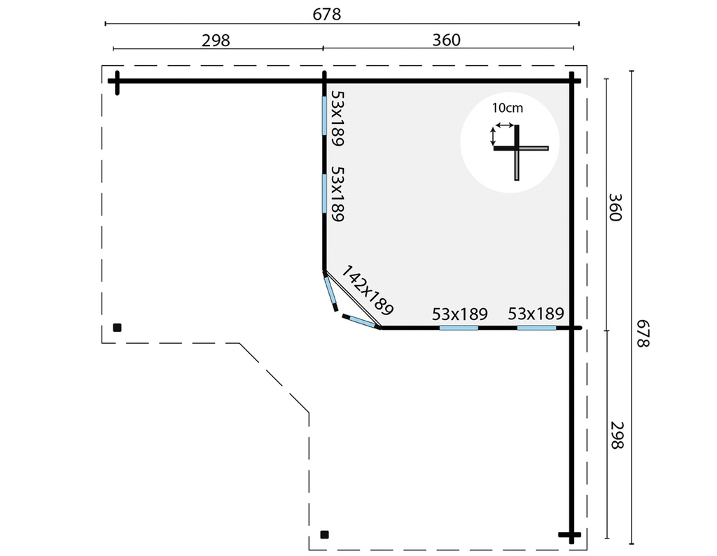 Blokhut - Tuinhuis - Home Office 44mm Jutka met overkapping Prijs exclusief dakbedekking - dient apart besteld te worden Easy-roofing: 55 m² / EPDM: Sets 40.9991/01 + /05 + /15 Afmeting: L678xB678xH229cm Gehard ISO glas
