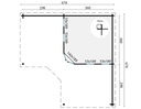 Blokhut - Tuinhuis - Home Office 44mm Jutka met overkapping Prijs exclusief dakbedekking - dient apart besteld te worden Easy-roofing: 55 m² / EPDM: Sets 40.9991/01 + /05 + /15 Afmeting: L678xB678xH229cm Gehard ISO glas