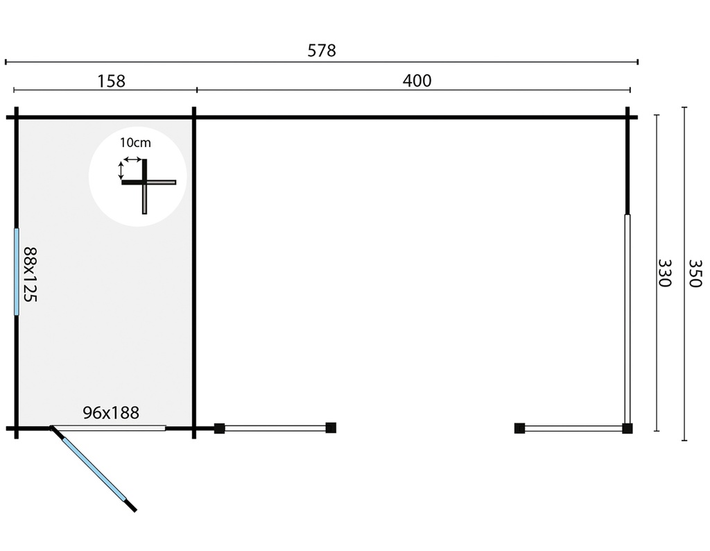 Blokhut - Tuinhuis 40mm Selma met overkapping Prijs exclusief dakbedekking - dient apart besteld te worden Dakleer: 36,5 m² / Shingles: 30 m² / Aqua: 36 STK / Profiel: zie tab Afmeting: L550xB350xH279cm 