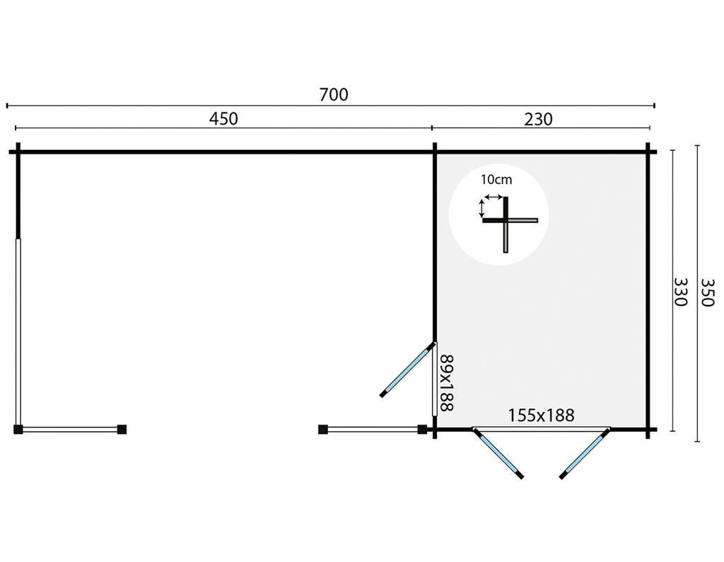 Blokhut - Tuinhuis 40mm Kukka met overkapping Prijs exclusief dakbedekking - dient apart besteld te worden Dakleer: 40 m² / Shingles: 36 m² / Aqua: 38 STK / Profiel: zie tab Afmeting: L700xB350xH279cm 
