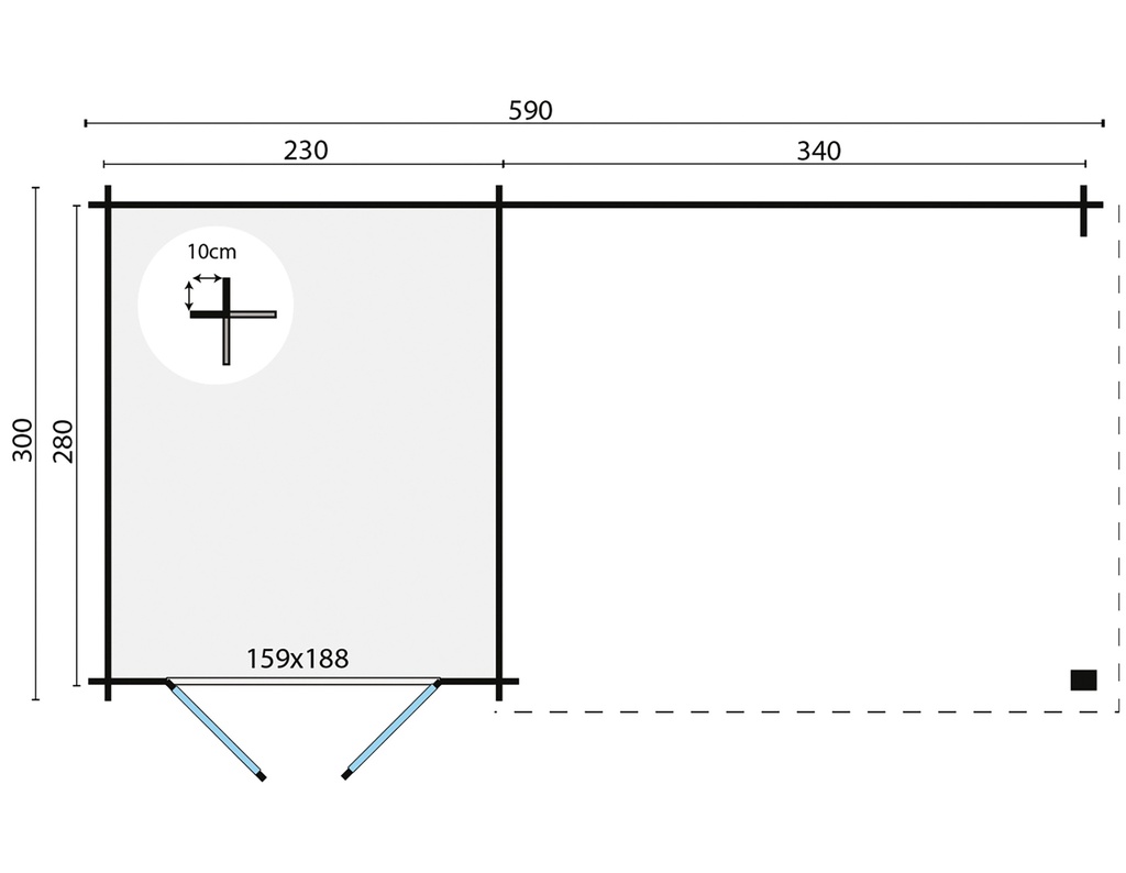 Blokhut - Tuinhuis 28mm Ove met overkapping Prijs exclusief dakbedekking - dient apart besteld te worden Dakleer: 32,5 m² / Shingles: 27 m² / Aqua: 32 STK / Profiel: zie tab Afmeting: L300xB590xH276cm 