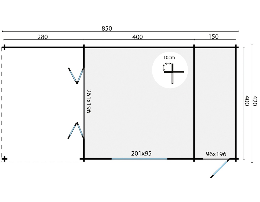 Blokhut - Tuinhuis - Home Office 44mm Sibella met overkapping Prijs exclusief dakbedekking - dient apart besteld te worden Dakleer: 56,5 m² / Shingles: 48 m² Afmeting: L850xB420xH317cm 
