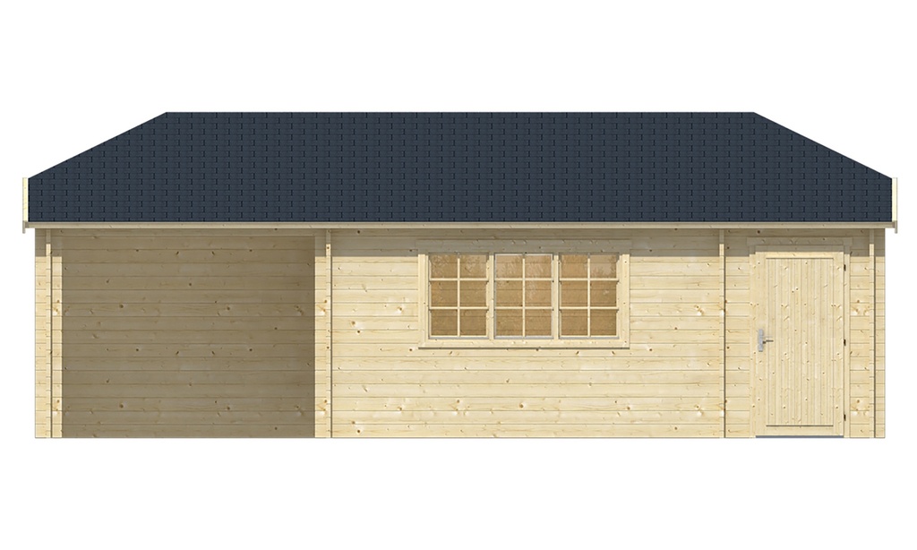 Blokhut - Tuinhuis - Home Office 44mm Sibella met overkapping Prijs exclusief dakbedekking - dient apart besteld te worden Dakleer: 56,5 m² / Shingles: 48 m² Afmeting: L850xB420xH317cm 