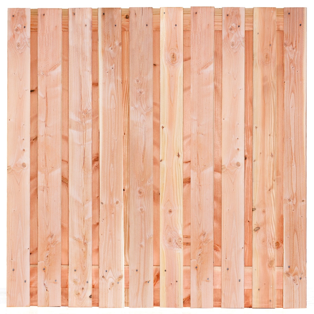 Tuinscherm lariks 21 planks (19+2) Solden 180x180cm fijnbezaagd Planken: 1.6x14.0cm / 19 stuks 2 tussenplanken van 1.6x14.0cm, rvs geschroefd  
