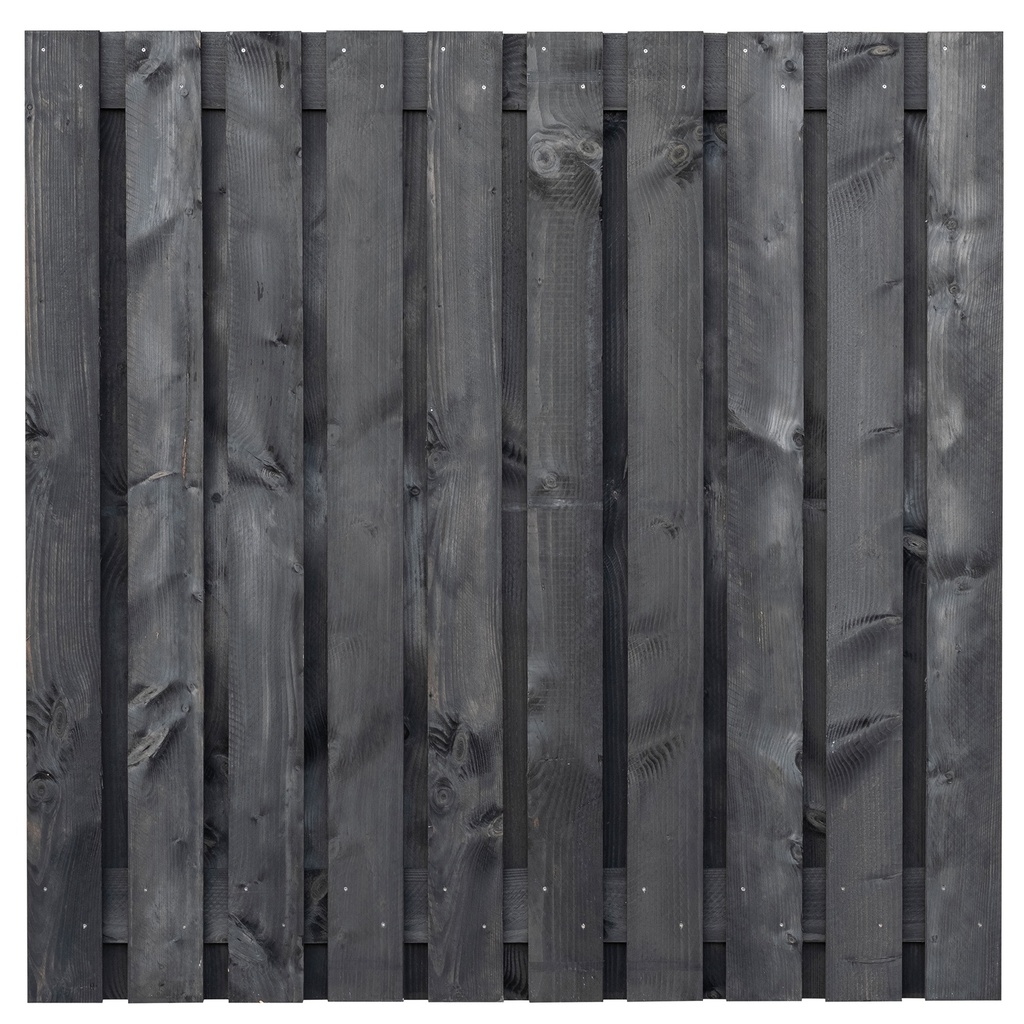 Tuinscherm lariks 21 planks (19+2) Marlies 180x180cm zwart geïmpregneerd Planken: 1.6x14.0cm / 19 stuks fijnbezaagd 2 tussenplanken van 1.6x14.0cm, rvs geschroefd  