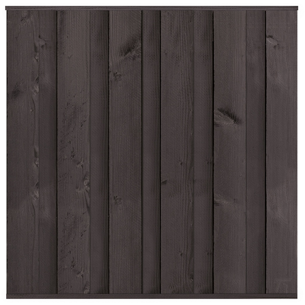 Tuinscherm zwart gespoten 11 planks Rosenheim 180x180cm fijnbezaagd Planken: 1.8x20.0cm / 11 stuks  Boven- en onderlat: 2.8x3.6cm, rvs geschroefd  