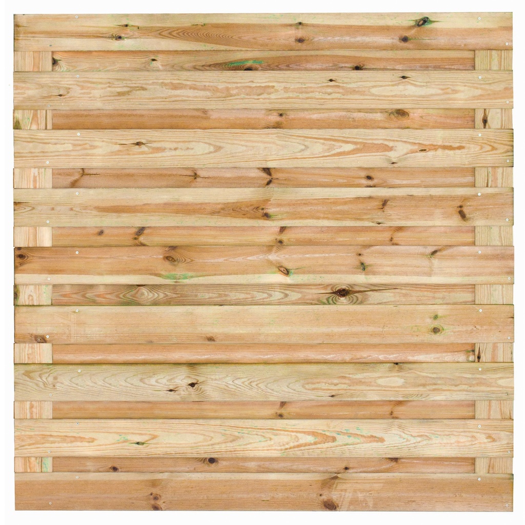 Tuinscherm geïmp. 19 planks (17+2) Eindhoven 180x180cm horizontaal Planken: 1.6x14.0cm / 17 stuks 2 tussenplanken van 1.6x14.0cm, rvs geschroefd  