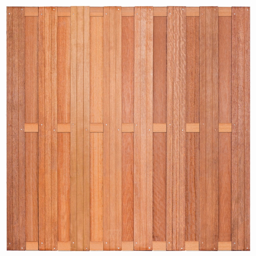 Tuinscherm hardhout 15 planks Bronkhorst 180x180cm Planken: 1.4x14.0cm / 15 stuks 3 tussenregels van 1.6x7.0cm, rvs geschroefd houtsoort: Keruing 