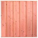 Tuinscherm lariks 11 planks Saksen 180x180cm geschaafd Planken: 1.8x19.0cm / 11 stuks Boven- en onderlat: 2.8x3.6cm, rvs geschroefd  