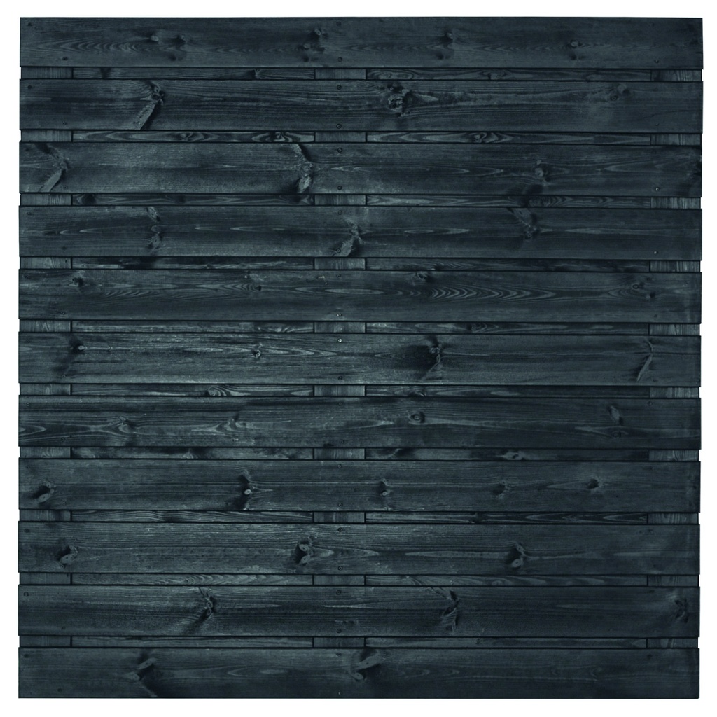 Tuinscherm zwart gesp. 23 planks (21+2) Fulda 180x180cm horizontaal Planken: 1.6x14.0cm / 21 stuks 2 tussenplanken van 1.6x14.0cm, rvs geschroefd  