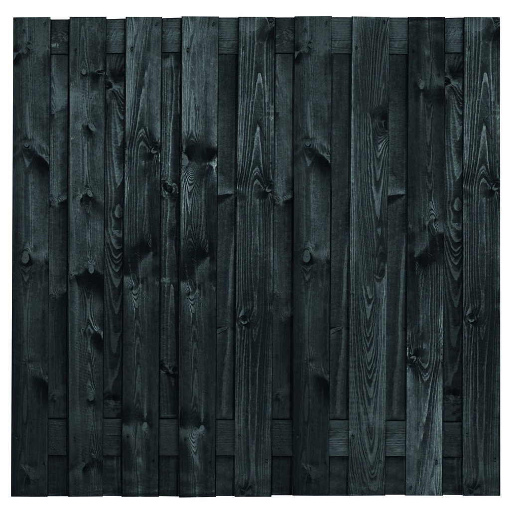 Tuinscherm zwart gesp. 19 planks (17+2) Koblenz H180xB180cm Planken: 1.6x14.0cm / 17 stuks 2 tussenplanken van 1.6x14.0cm, rvs geschroefd  