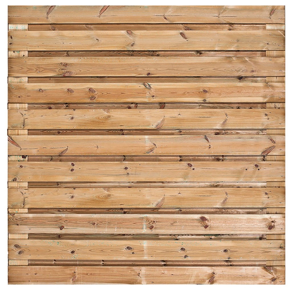 Tuinscherm geïmp. 23 planks (21+2) Tilburg 180x180cm horizontaal Planken: 1.6x14.0cm / 21 stuks 2 tussenplanken van 1.6x14.0cm, rvs geschroefd  