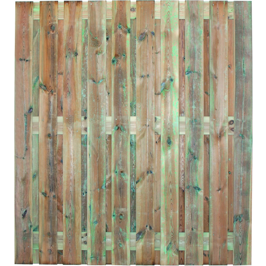 Tuinscherm geïmp. 22 planks (19+3) Privé H195xB180cm Planken: 1.6x14.0cm / 19 stuks 3 tussenplanken van 1.6x14.0cm, rvs geschroefd  