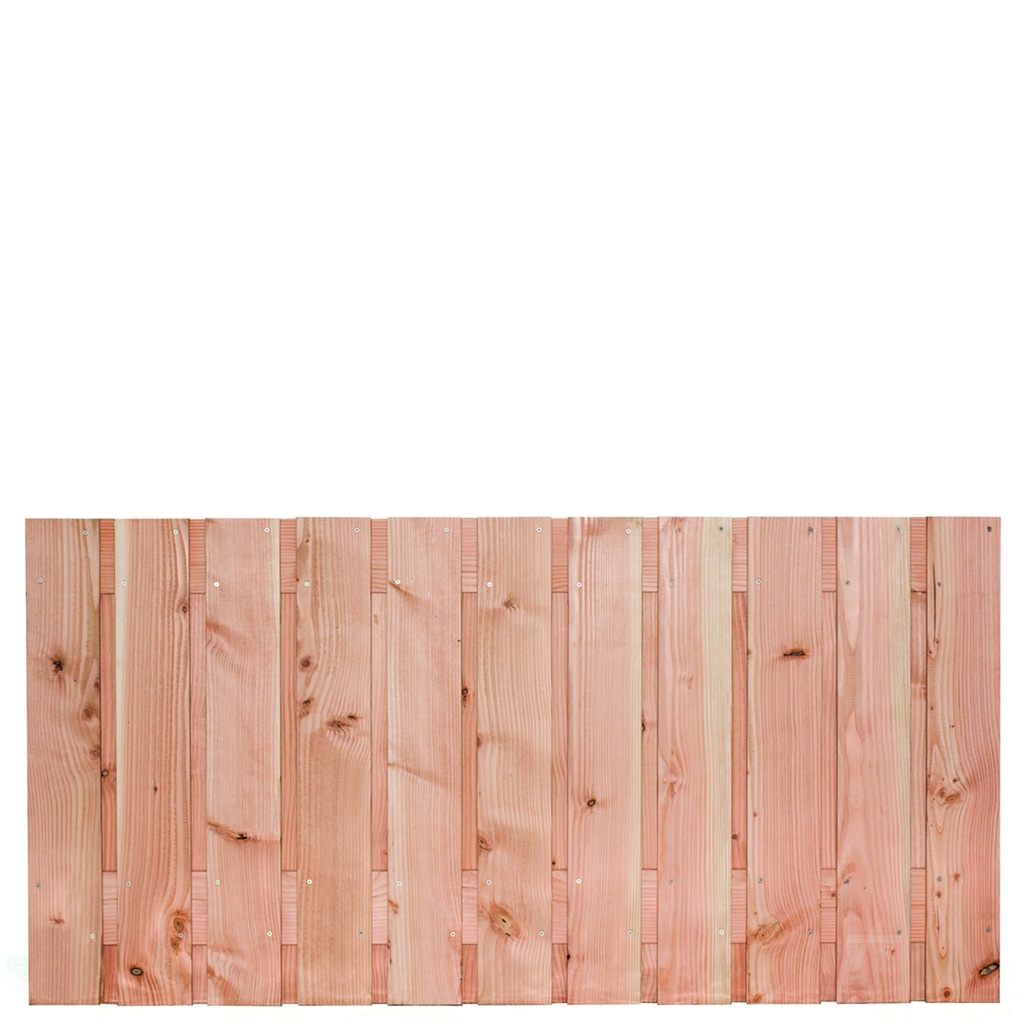 Tuinscherm lariks 23 planks (21+2) Harz 90x180cm Planken: 1.6x14.0cm / 21 stuks 2 tussenplanken van 1.6x14.0cm, rvs geschroefd  