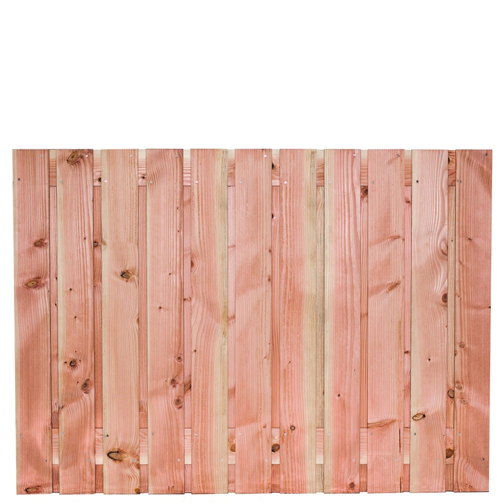 Tuinscherm lariks 23 planks (21+2) Harz 130x180cm Planken: 1.6x14.0cm / 21 stuks 2 tussenplanken van 1.6x14.0cm, rvs geschroefd  