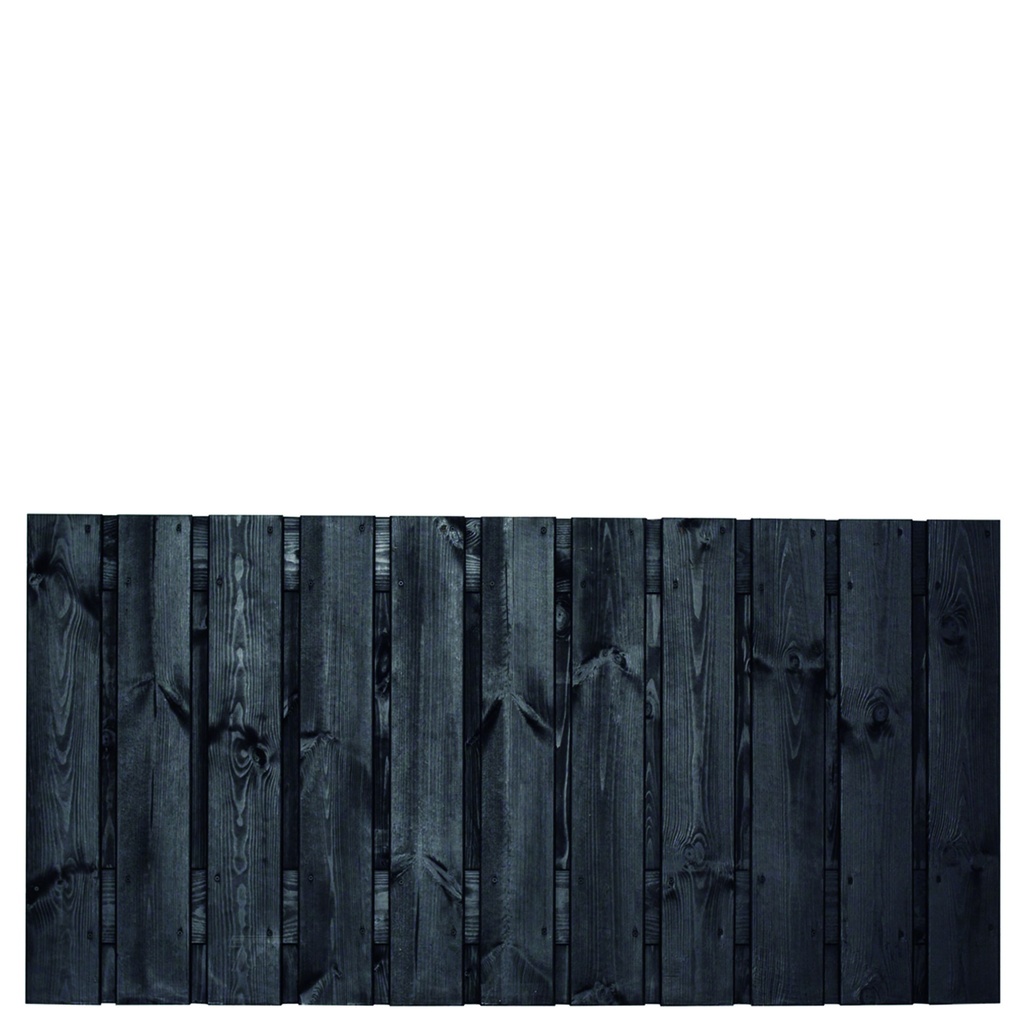 Tuinscherm zwart gesp. 23 planks (21+2) Dresden 90x180cm Planken: 1.6x14.0cm / 21 stuks 2 tussenplanken van 1.6x14.0cm, rvs geschroefd  