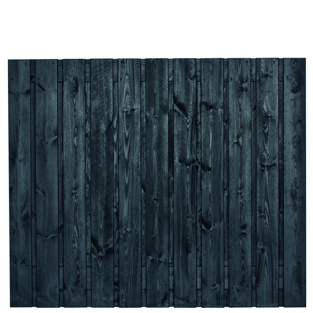 Tuinscherm zwart gesp. 23 planks (21+2) Dresden 150x180cm Planken: 1.6x14.0cm / 21 stuks 2 tussenplanken van 1.6x14.0cm, rvs geschroefd  