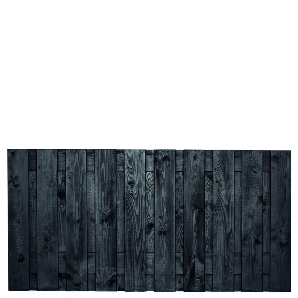 Tuinscherm zwart gesp. 21 planks (19+2) Stuttgart 90x180cm Planken: 1.6x14.0cm / 19 stuks 2 tussenplanken van 1.6x14.0cm, rvs geschroefd  