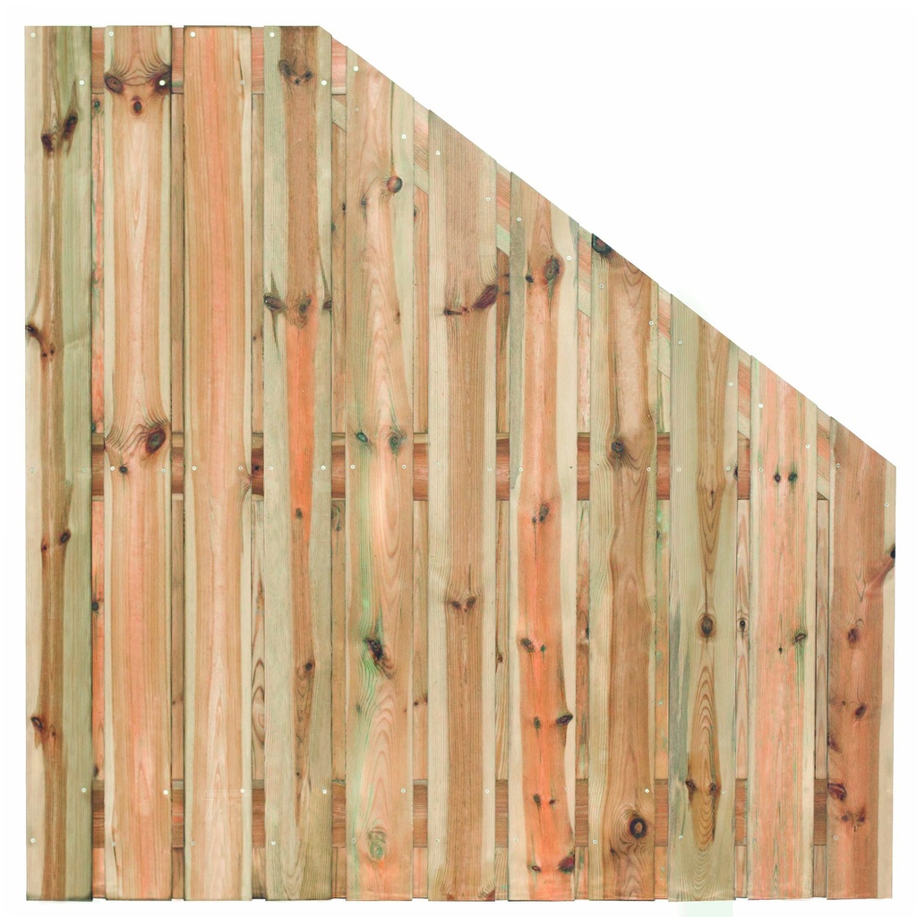 Tuinscherm geïmp. 23 planks (21+2) Zaltbommel 180/90x180cm VERLOOP Planken: 1.6x14.0cm / 21 stuks 2 tussenplanken van 1.6x14.0cm, rvs geschroefd  