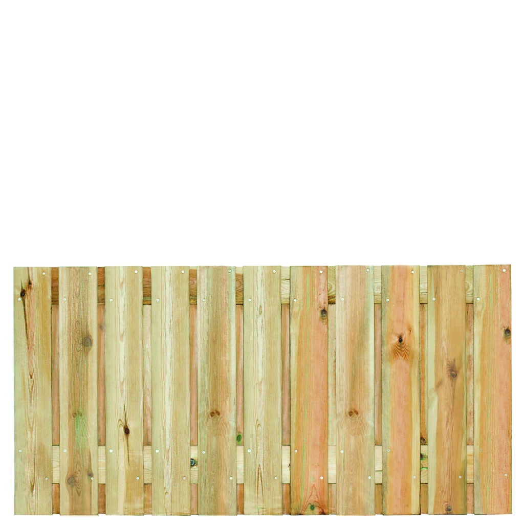 Tuinscherm geïmp. 23 planks (21+2) Zaltbommel 90x180cm Planken: 1.6x14.0cm / 21 stuks 2 tussenplanken van 1.6x14.0cm, rvs geschroefd  