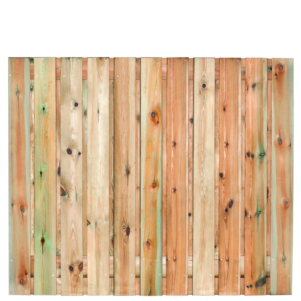Tuinscherm geïmp. 23 planks (21+2) Zaltbommel 150x180cm Planken: 1.6x14.0cm / 21 stuks 2 tussenplanken van 1.6x14.0cm, rvs geschroefd  
