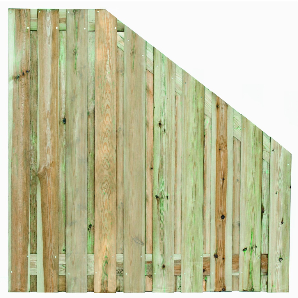 Tuinscherm geïmp. 21 planks (19+2) Enschede 180/90x180cm VERLOOP Planken: 1.6x14.0cm / 19 stuks 2 tussenplanken van 1.6x14.0cm, rvs geschroefd  