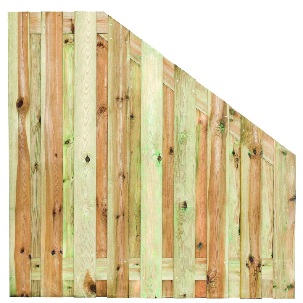 Tuinscherm geïmp. 19 planks (17+2) Vasse 180/90x180cm VERLOOP Planken: 1.6x14.0cm / 17 stuks 2 tussenplanken van 1.6x14.0cm, rvs geschroefd  