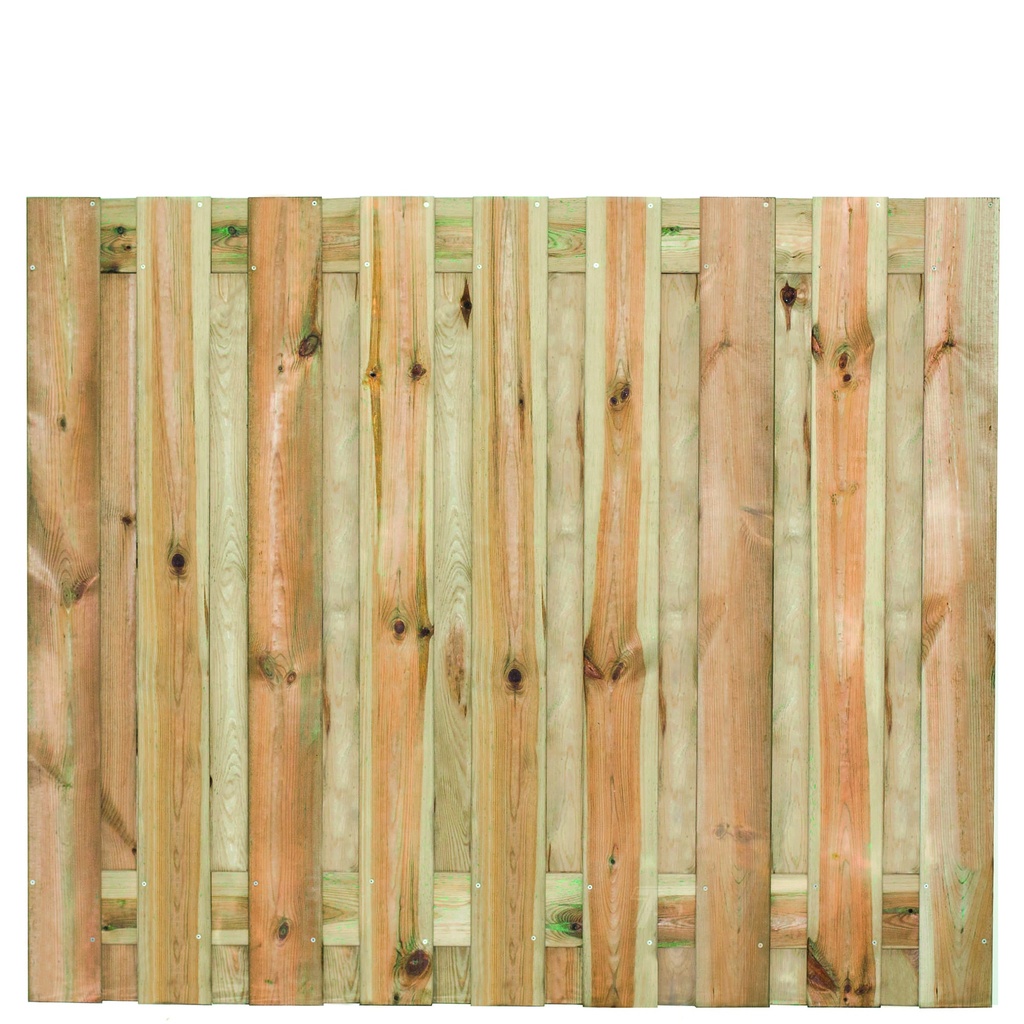 Tuinscherm geïmp. 19 planks (17+2) Vasse 150x180cm Planken: 1.6x14.0cm / 17 stuks 2 tussenplanken van 1.6x14.0cm, rvs geschroefd  