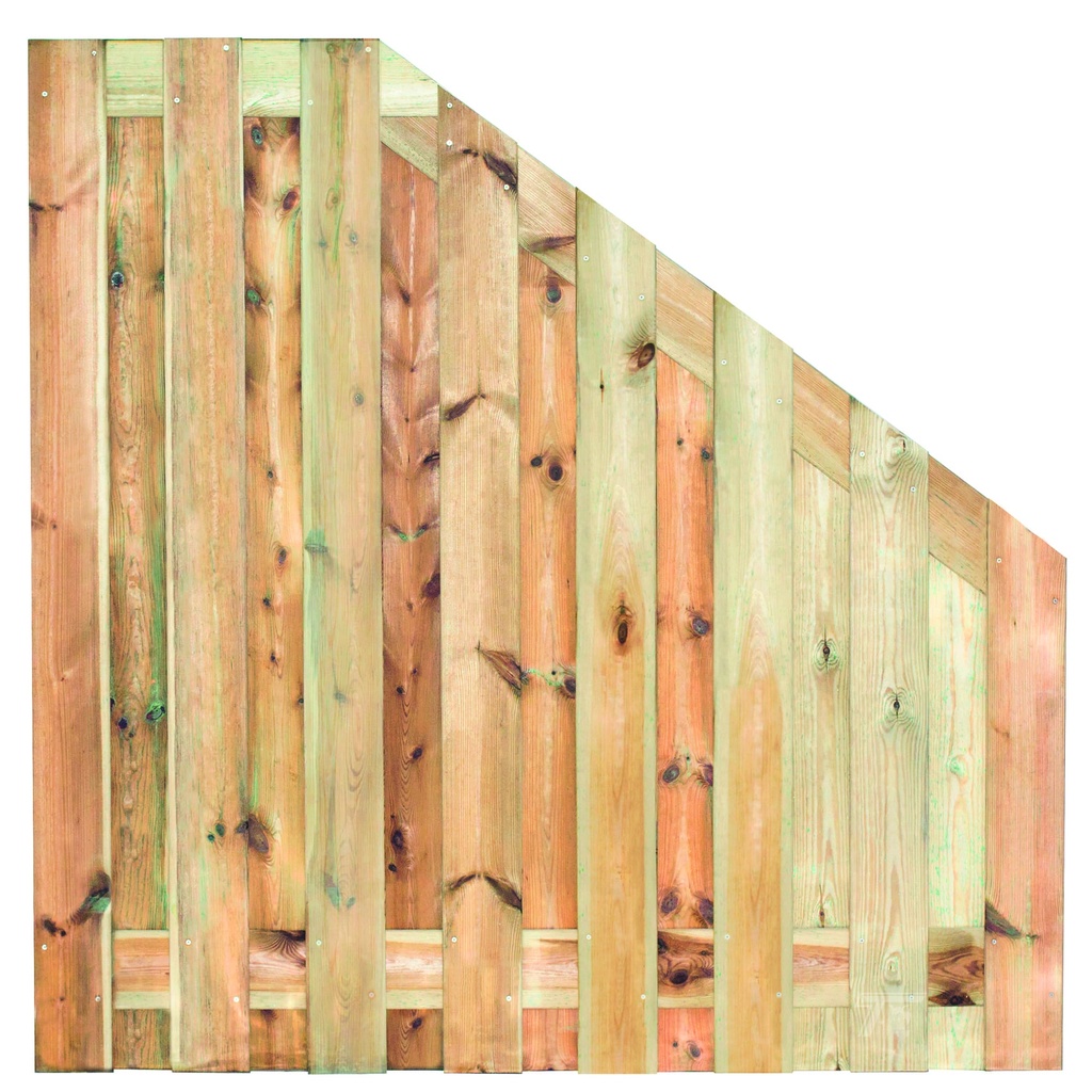 Tuinscherm geïmp. 17 planks (15+2) Coevorden 180/90x180cm VERLOOP Planken: 1.6x14.0cm / 15 stuks 2 tussenplanken van 1.6x14.0cm, rvs geschroefd  