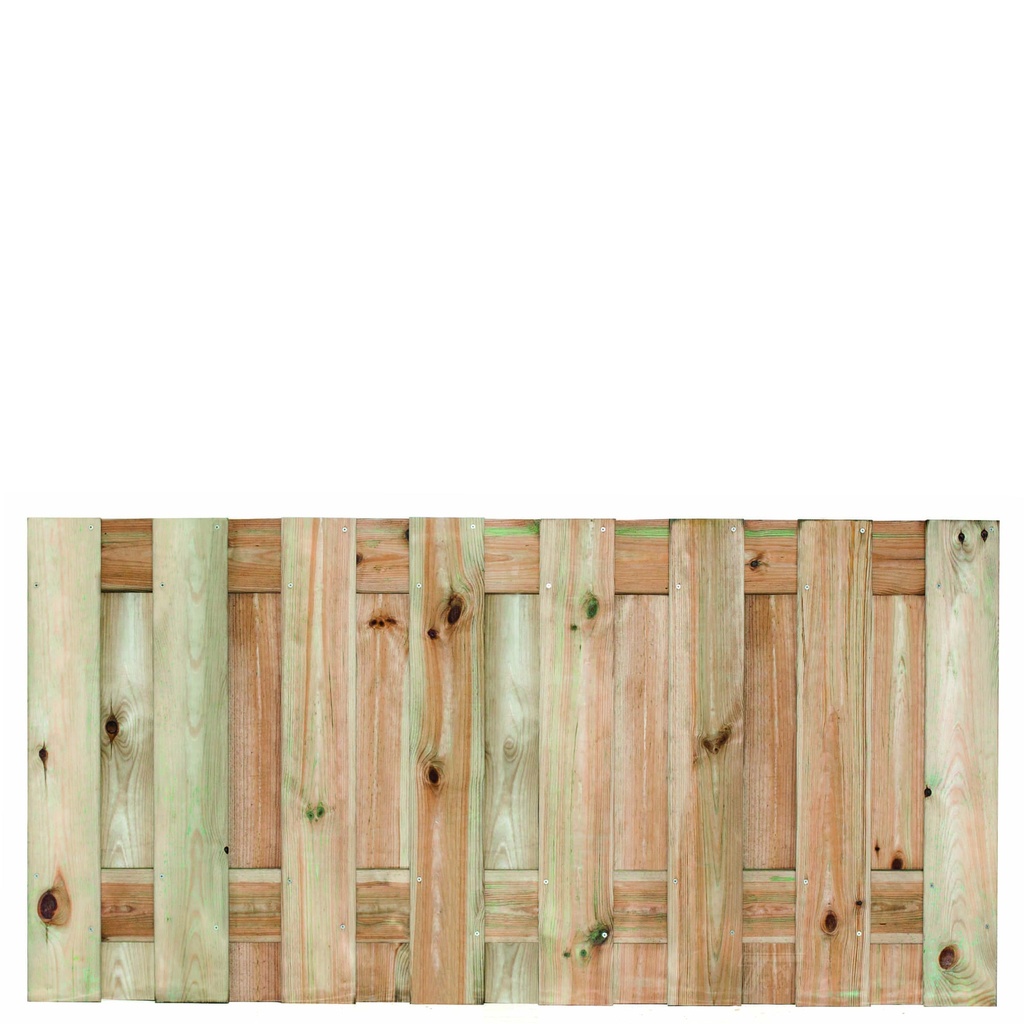 Tuinscherm geïmp. 17 planks (15+2) Coevorden 90x180cm Planken: 1.6x14.0cm / 15 stuks 2 tussenplanken van 1.6x14.0cm, rvs geschroefd  