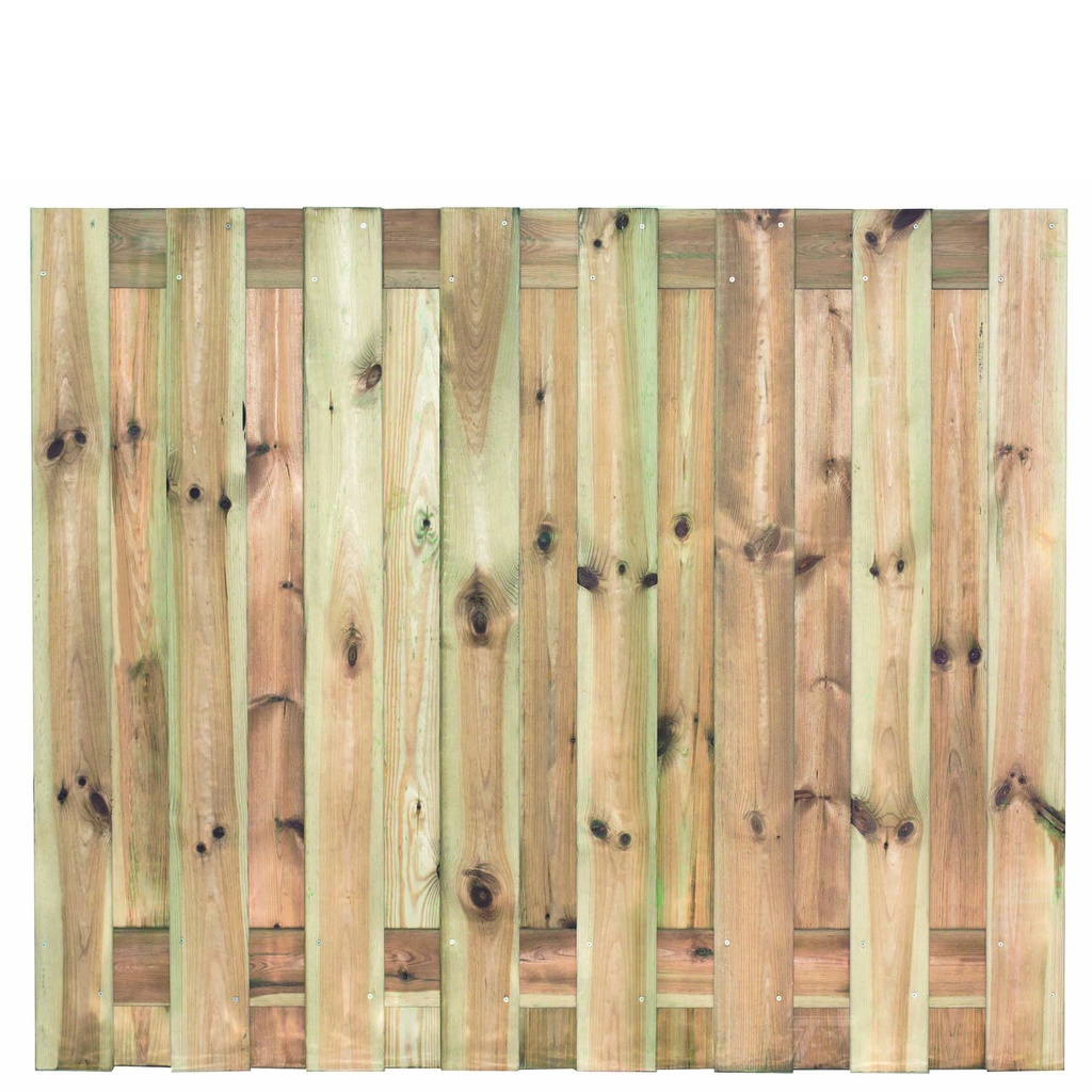 Tuinscherm geïmp. 17 planks (15+2) Coevorden 150x180cm Planken: 1.6x14.0cm / 15 stuks 2 tussenplanken van 1.6x14.0cm, rvs geschroefd  