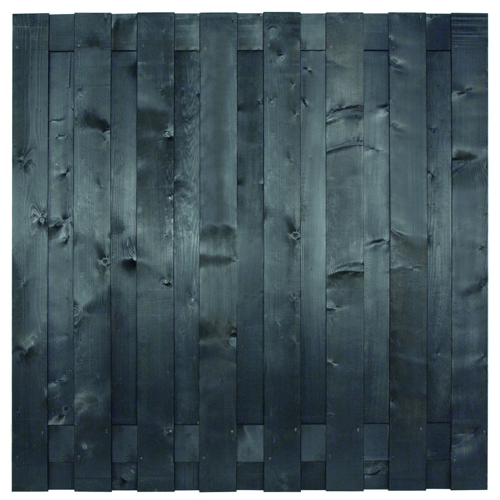 Tuinscherm zwart gesp. 17 planks (15+2) Hamburg H180xB180cm Planken: 1.6x14.0cm / 15 stuks 2 tussenplanken van 1.6x14.0cm, rvs geschroefd  