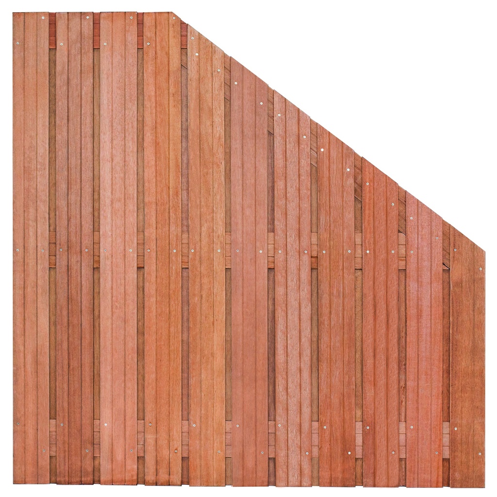 Tuinscherm hardhout 23 planks (21+2) Hoorn 180/90x180cm VERLOOP Planken: 1.4x14.0cm / 21 stuks 2 tussenregels van 1.4x14.0cm, rvs geschroefd houtsoort: Keruing 