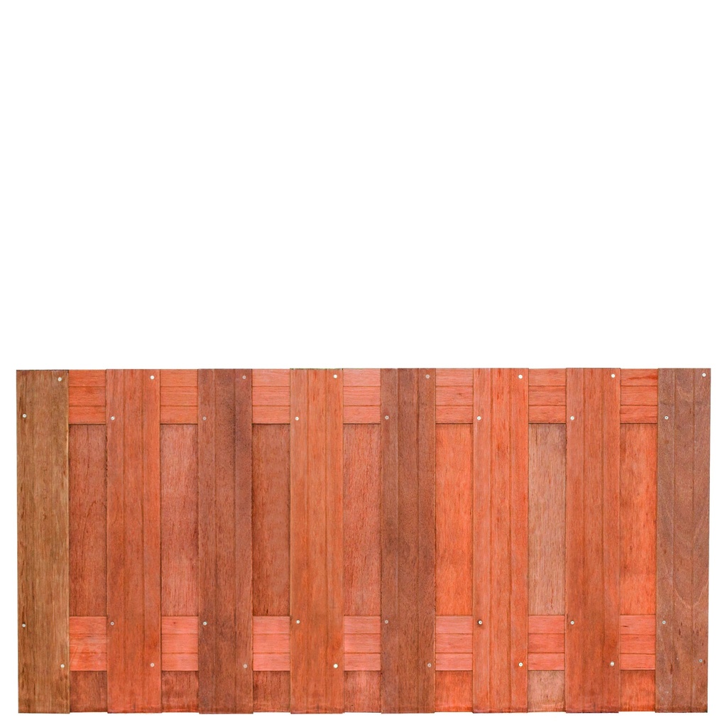 Tuinscherm hardhout 17 planks (15+2) Kampen 90x180cm Planken: 1.4x14.0cm / 15 stuks 2 tussenregels van 1.4x14.0cm, rvs geschroefd houtsoort: Keruing 