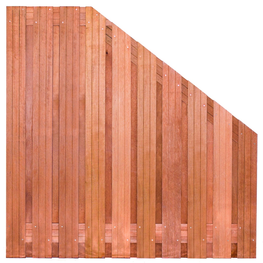 Tuinscherm hardhout 21 planks (19+2) Dronten 180/90x180cm VERLOOP Planken: 1.4x14.0cm / 19 stuks 2 tussenregels van 1.4x14.0cm, rvs geschroefd houtsoort: Keruing 