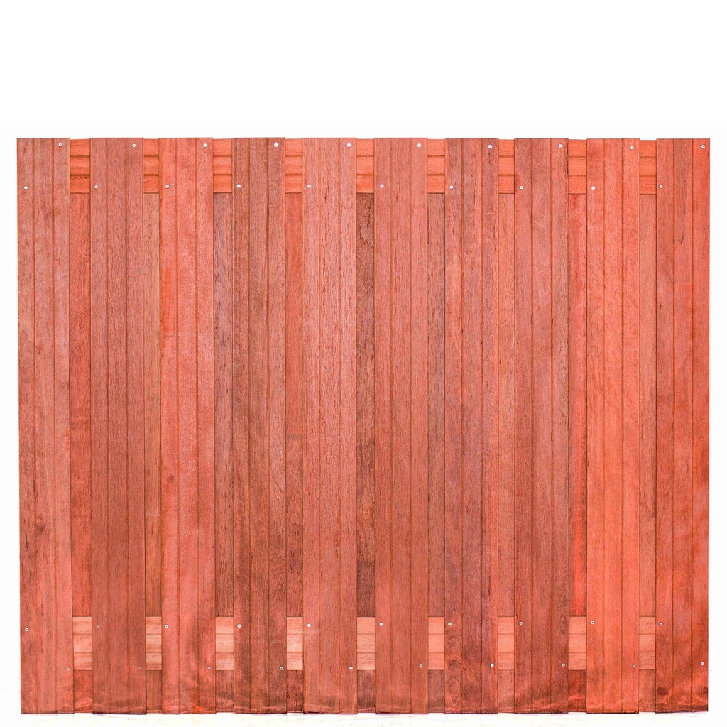 Tuinscherm hardhout 21 planks (19+2) Dronten 180 x 150 Planken: 1.4x14.0cm / 19 stuks 2 tussenregels van 1.4x14.0cm, rvs geschroefd houtsoort: Keruing 