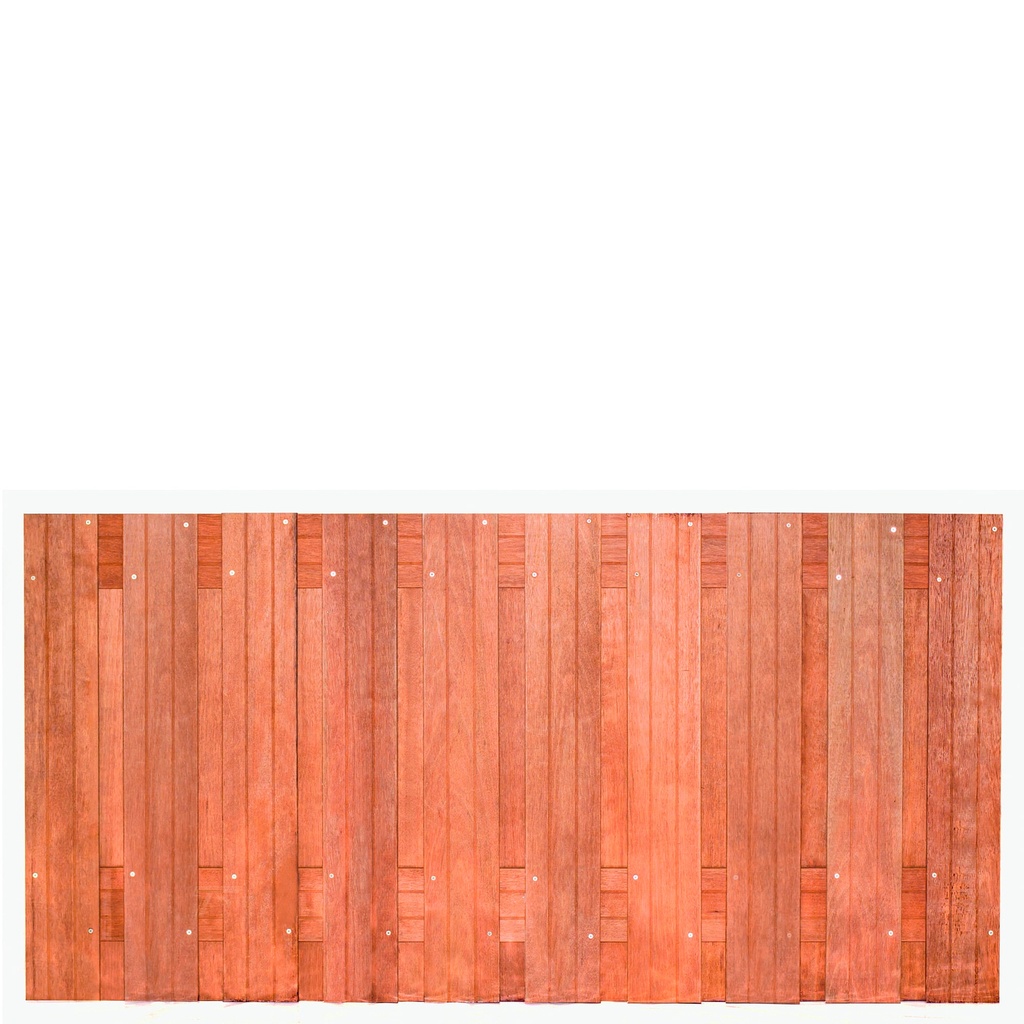 Tuinscherm hardhout 21 planks (19+2) Dronten 180 x 90 Planken: 1.4x14.0cm / 19 stuks 2 tussenregels van 1.4x14.0cm, rvs geschroefd houtsoort: Keruing 