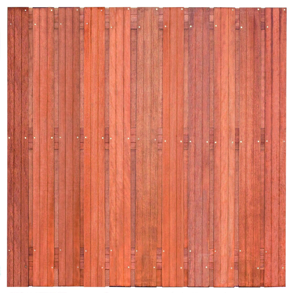 Tuinscherm hardhout 23 planks (21+2) Hoorn 180 x 180 Planken: 1.4x14.0cm / 21 stuks 2 tussenregels van 1.4x14.0cm, rvs geschroefd houtsoort: Keruing 