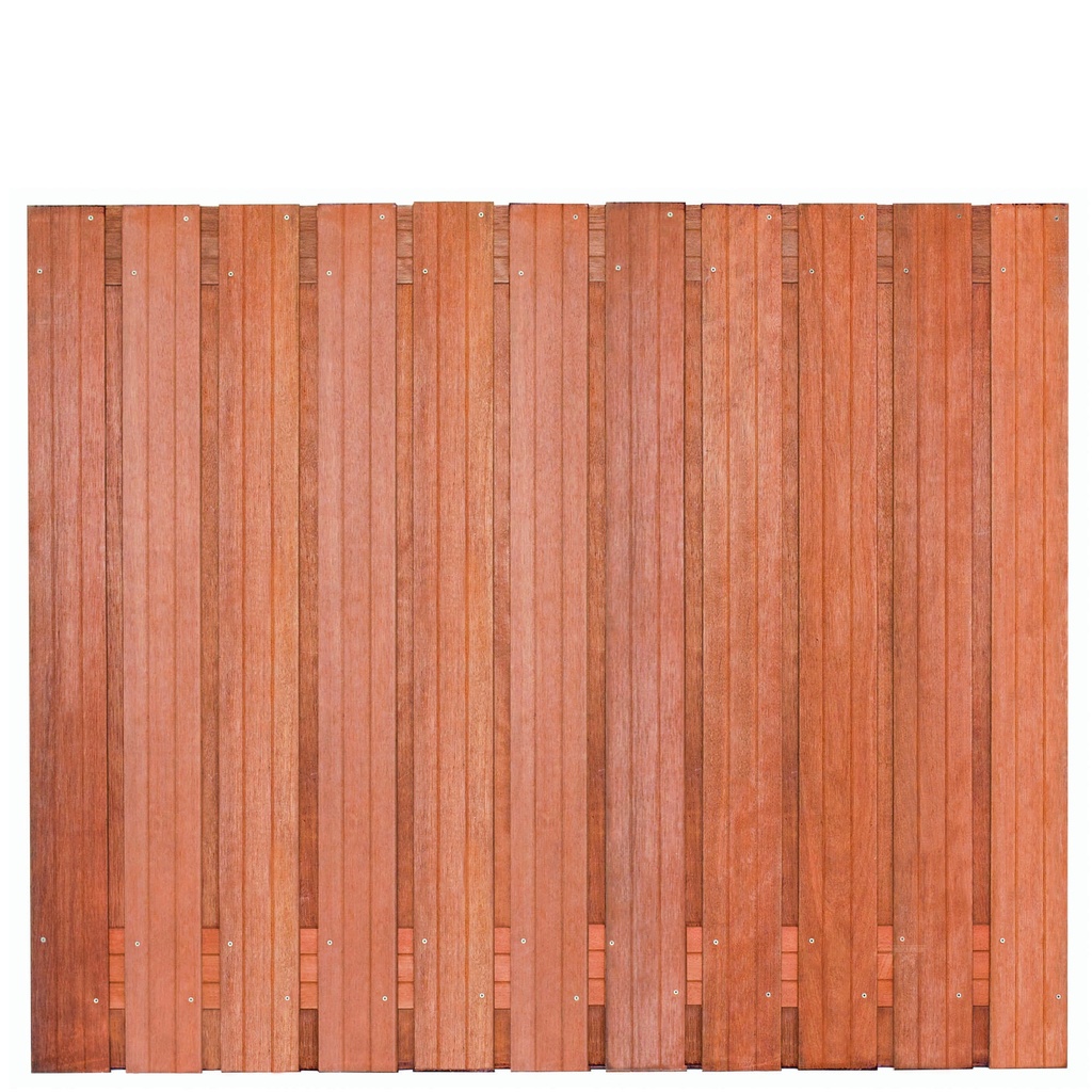 Tuinscherm hardhout 23 planks (21+2) Hoorn 180 x150 Planken: 1.4x14.0cm / 21 stuks 2 tussenregels van 1.4x14.0cm, rvs geschroefd houtsoort: Keruing 