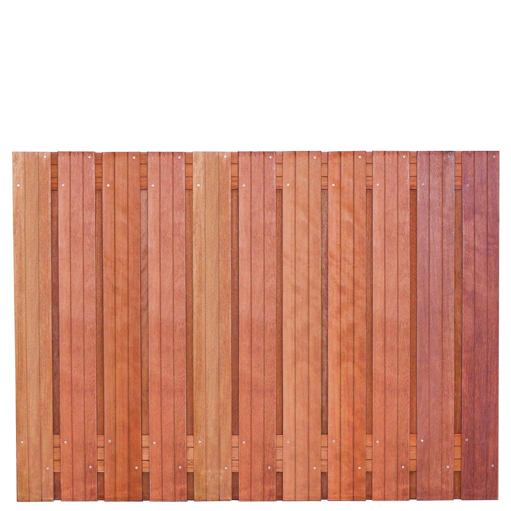Tuinscherm hardhout 23 planks (21+2) Hoorn 180 x 130 Planken: 1.4x14.0cm / 21 stuks 2 tussenregels van 1.4x14.0cm, rvs geschroefd houtsoort: Keruing 
