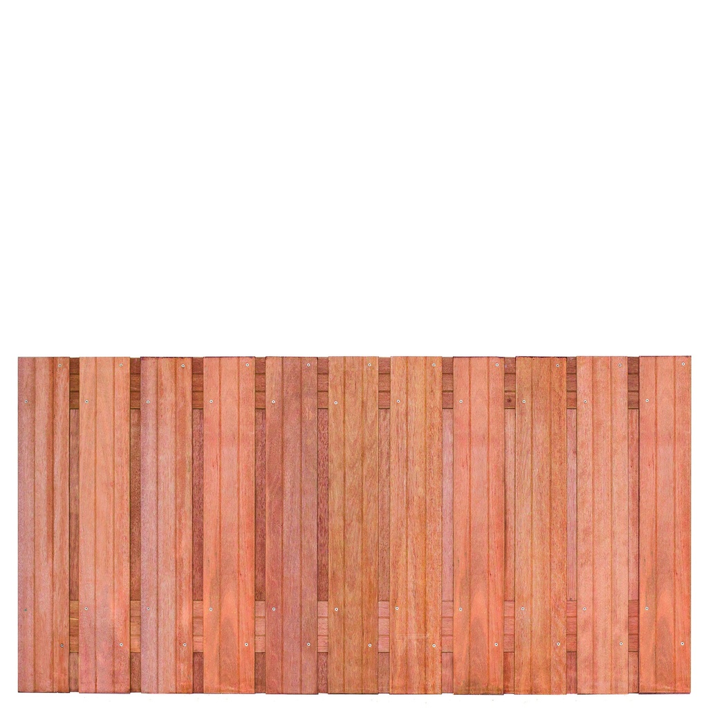 Tuinscherm hardhout 23 planks (21+2) Hoorn 180 x 90 Planken: 1.4x14.0cm / 21 stuks 2 tussenregels van 1.4x14.0cm, rvs geschroefd houtsoort: Keruing 