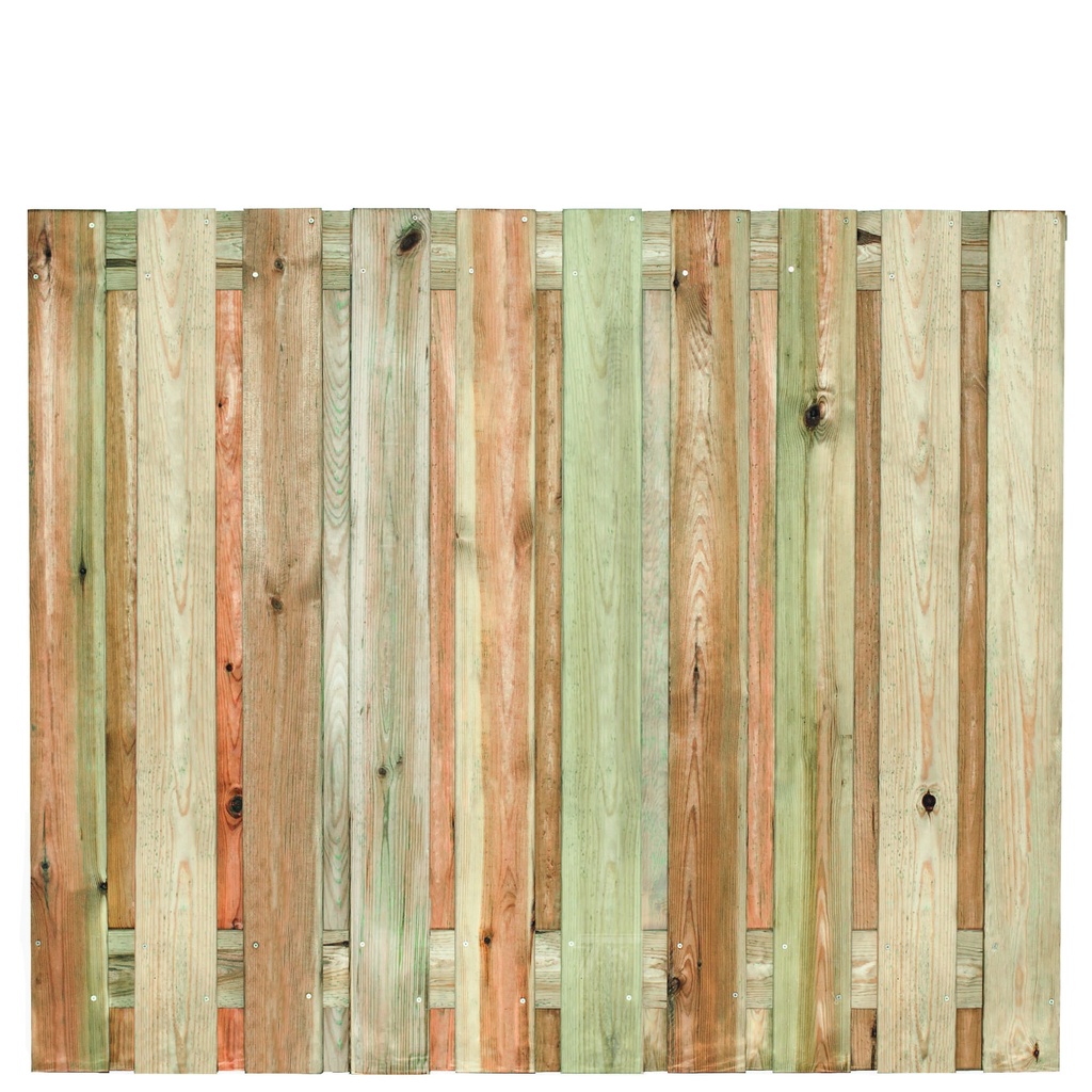 Tuinscherm geïmp. 21 planks (19+2) Enschede 150x180cm Planken: 1.6x14.0cm / 19 stuks 2 tussenplanken van 1.6x14.0cm, rvs geschroefd  