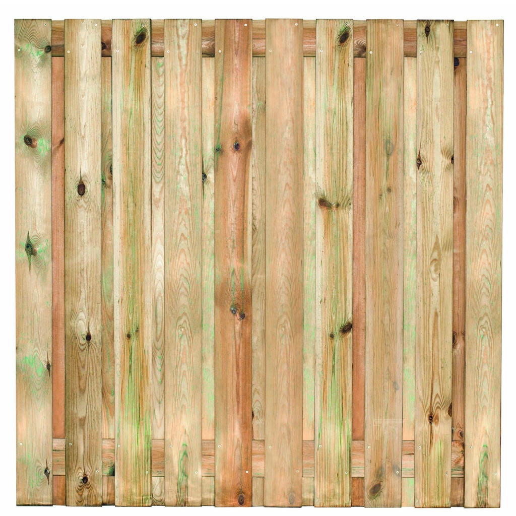 Tuinscherm geïmp. 21 planks (19+2) Enschede 180x180cm Planken: 1.6x14.0cm / 19 stuks 2 tussenplanken van 1.6x14.0cm, rvs geschroefd  