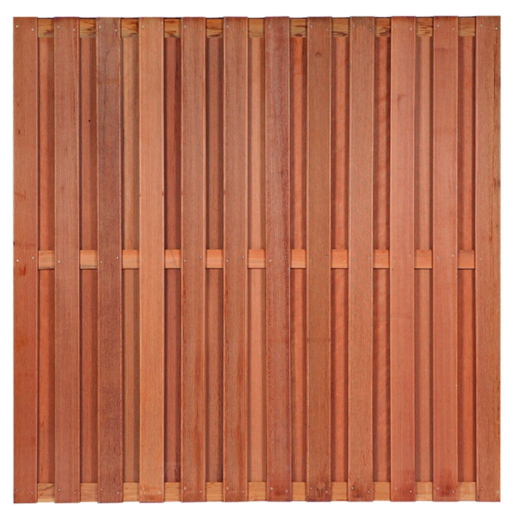 Tuinscherm hardhout Leeuwarden 180x180cm Lamellen: 1.2x9.0cm / 23 stuks 3 tussenregels van 1.6x7.0cm, rvs geschroefd houtsoort: Keruing 