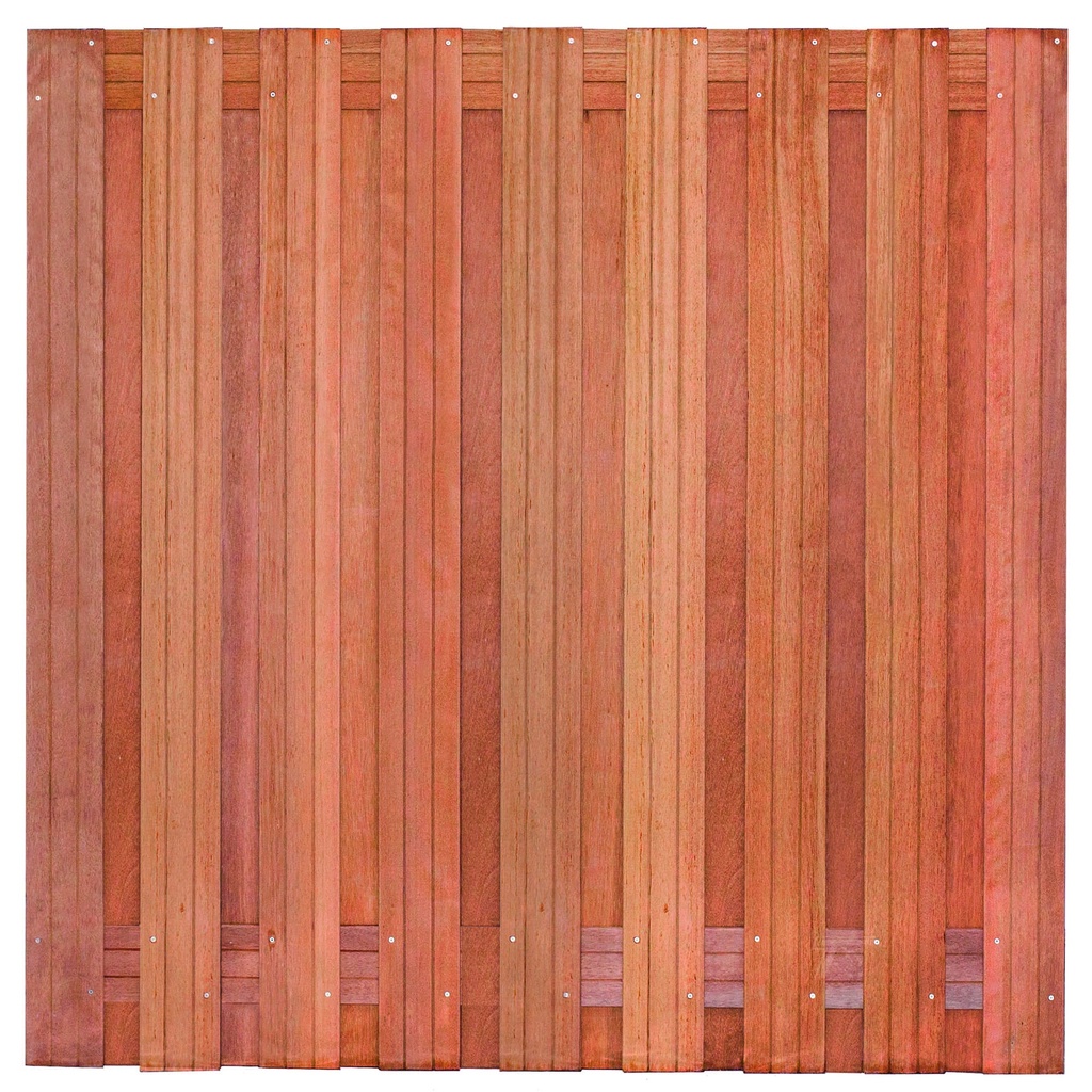 Tuinscherm hardhout 19 planks (17+2) Harlingen 180 x 180 Planken: 1.4x14.0cm / 17 stuks 2 tussenregels van 1.4x14.0cm, rvs geschroefd houtsoort: Keruing 