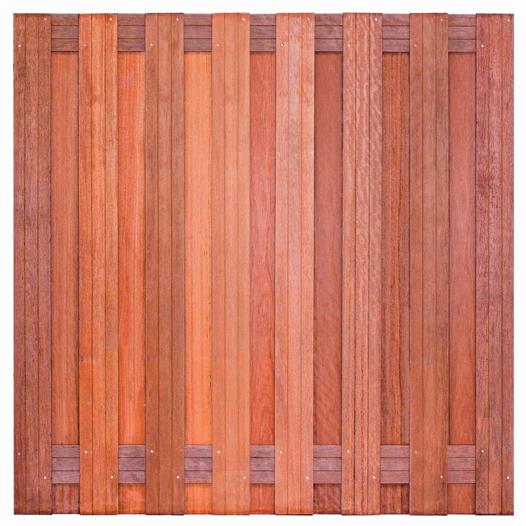 Tuinscherm hardhout 17 planks (15+2) Kampen 180x180cm Planken: 1.4x14.0cm / 15 stuks 2 tussenregels van 1.4x14.0cm, rvs geschroefd houtsoort: Keruing 